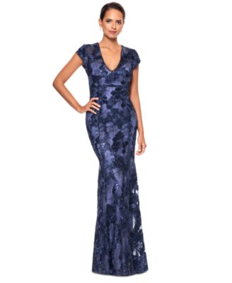Betsy & Adam - Women's Sequin Soutache V-Neck Mermaid Gown