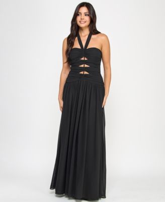 B Darlin - Juniors' Cutout Gathered Sleeveless Halter Gown