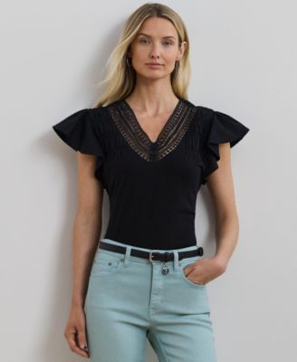 Lauren Ralph Lauren - Women's Lace-Trim Jersey Flutter-Sleeve Tee