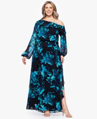 XSCAPE - Plus Size Printed Asymmetrical-Neckline Long Dress