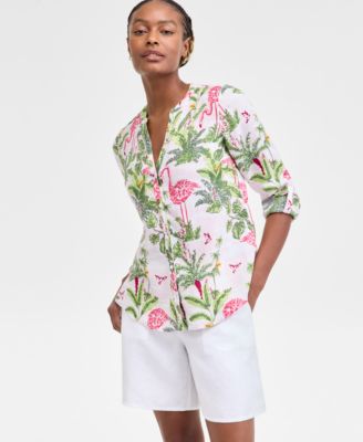 Charter Club - Women's 100% Linen Palm Print Roll-Tab Shirt