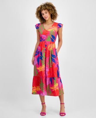 Sandra Darren - Women's V-Neck Flutter-Sleeve Midi Dress