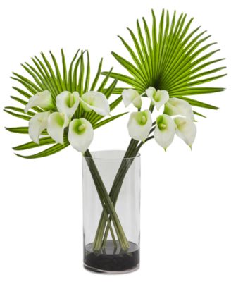 Nearly Natural - Calla Lily and Fan Palm Artificial Arrangement in Cylinder Glass Vase