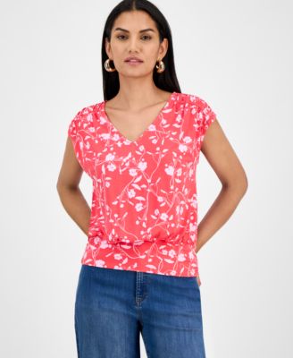 I.N.C. International Concepts - Women's Printed Ruched Cap-Sleeve Top, Exclusively at Macy's