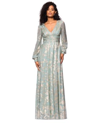 Betsy & Adam - Women's Metallic V-Neck Ruched-Waist Gown