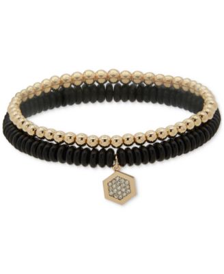 DKNY - Gold-Tone 2-Pc. Set Pav&eacute; Hexagon Charm Beaded Stretch Bracelets