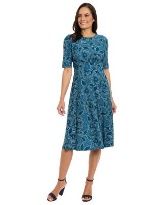 London Times - Petite Shirred Short-Sleeve Midi Dress