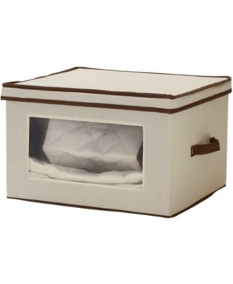 Household Essentials - Large Serveware Storage Box, Polyester Canvas with Fiberboard Sides, 3 Protective Pouches, Foldable and Stackable, Fully Removable Lid, Natural with Brown Trim