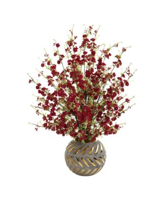 Nearly Natural - 30in. Cherry Blossom Artificial Arrangement in Stoneware Vase with Gold Trimming