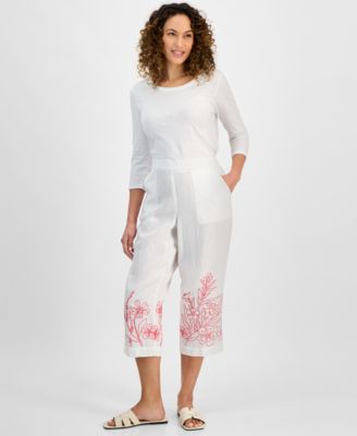 Charter Club - Petite Embroidery Crop Linen Pants
