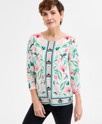 JM Collection - Petite Adriana Azulejos 3/4-Sleeve Jacquard Top
