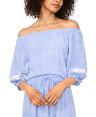 Sam & Jess - Petite Lace-Trim Off-The-Shoulder 3/4-Sleeve Top