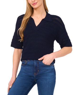 CeCe - Women's Open-Knit Short-Sleeve Polo Sweater