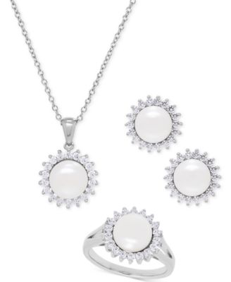 Macy's - Cultured Freshwater Pearl (8mm) and Swarovski Cubic Zirconia Jewelry Set in Sterling Silver