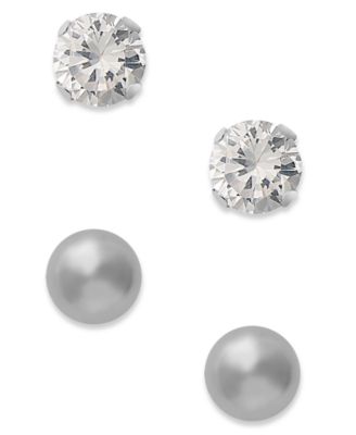 Macy's - 10k White Gold Earrings, Cubic Zirconia (7/8 ct. t.w.) and Ball Stud Earrings