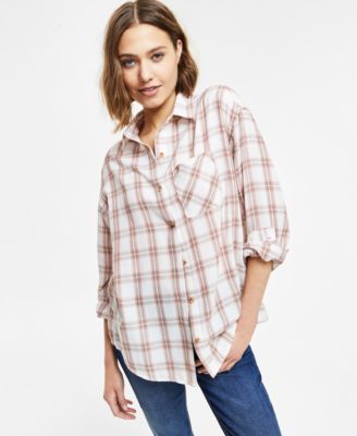 Just Polly - Juniors' Plaid-Print Button-Front Long-Sleeve Shirt