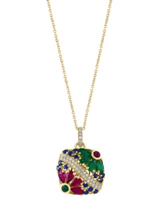 EFFY Collection - Multi-Gemstone (2-3/4 ct. t.w.) & Diamond (1/4 ct. t.w.) Flower Disc 18" Pendant Necklace in 14k Gold