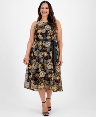 Tahari ASL - Plus Size Embroidered-Mesh Tie-Waist Dress