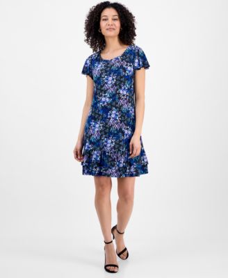 Connected - Petite Printed Scoop-Neck Flutter-Sleeve Shift Dress