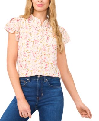 CeCe - Women's Flutter-Sleeve Mandarin-Collar Blouse