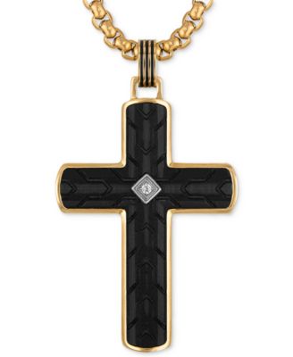 Esquire Men's Jewelry - Diamond Accent Carbon Fiber Cross 22" Pendant Necklace in Stainless Steel & Black & Gold-Tone Ion-Plate