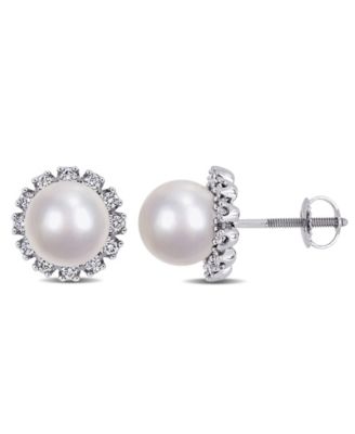 Macy's - Akoya Cultured Pearl (8-8.5mm) and Diamond (3/8 ct. t.w.) Flower Stud Earrings in 14k White Gold