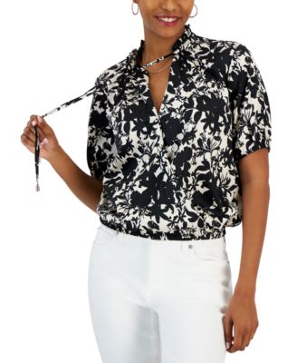 I.N.C. International Concepts - Women's Printed Tie-Neck Short-Sleeve Blouse