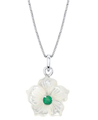 Macy's - Mother-of-Pearl (18mm) & Emerald (1/3 ct. t.w.) Flower 18" Pendant Necklace in Sterling Silver