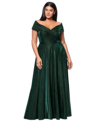 XSCAPE - Plus Size Off-the-Shoulder Glitter Gown