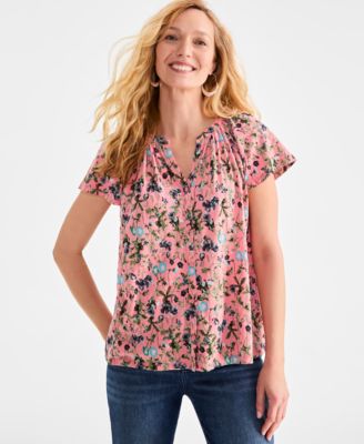 Style & Co - Petite Button-Front Flutter-Sleeve Top