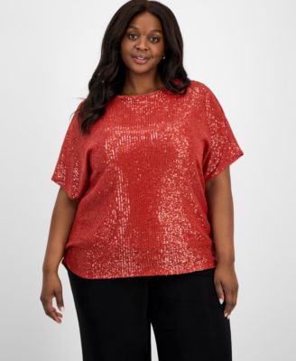 Anne Klein - Plus Size Sequin Dolman-Sleeve Boat-Neck Top