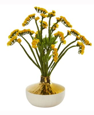 Nearly Natural - 17in. Baby Breath Artificial Arrangement in Gold and Cream Elegant Vase