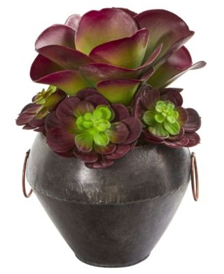 Nearly Natural - 11in. Echeveria and Succulent Artificial Plant in Metal Bowl