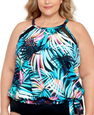 Swim Solutions - Plus Size Printed High Neck Tie-Waist Tankini Top