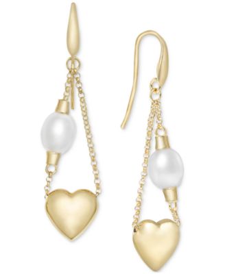 Macy's - Cultured Freshwater Pearl (7-1/4 x 8mm) Chain Heart Drop Earrings in 14k Gold-Plated Sterling Silver