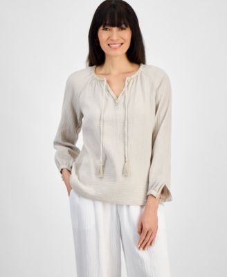 JM Collection - Petite Cotton Embellished-Split-Neck Top