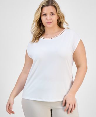 Kasper - Plus Size Beaded-Neck Cap-Sleeve Knit Top