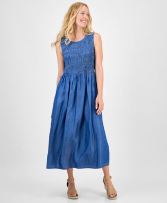 Style & Co - Petite Smocked Sleeveless Round-Neck Midi Dress